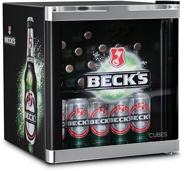 °CUBES BECK’S Mini Getränkekühlschrank 48L (Schwarz/Grün) – Kompakter Flaschenkühlschrank mit Glastür & wechselbarem Türanschlag – Leise & energieeffizient – Bar, Küche & Gaming – Getränkekühler