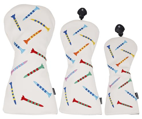 Andux PU gestreifte Tees Muster 3er Pack/Set Golf 460cc Fahrer Fairwayhölzer Schlägerkopfhauben (Weiß)