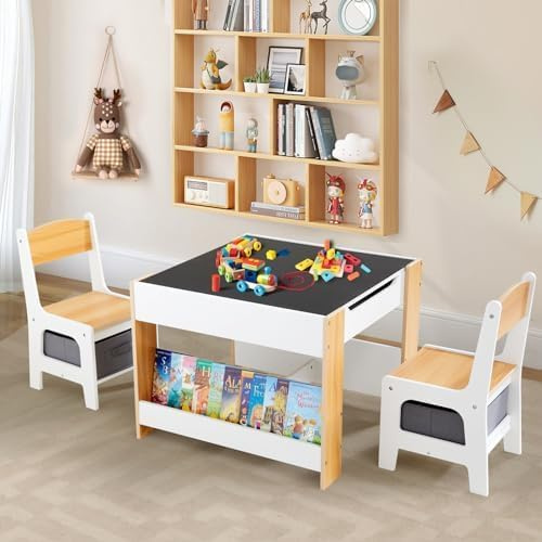 Asweets Kindertisch mit 2 Stühlen, Spieltisch Multifunktionale Aktivitätstisch mit Wendbarer Tischplatte, Bücherregalen, Kindersitzgruppe Holz, Maltisch für Kleinkind Mädchen Jungen mit Stauraum