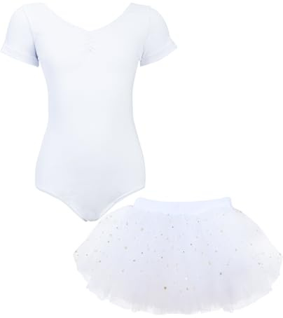 BALAYSIER Ballettkleidung Mädchen Kurzarm V-Ausschnitt Ballett Trikot und Abnehmbarem Tütü Kinder mit Pailletten Ballerina Kleid Kinder 3-11 Jahre(Weiß,140)