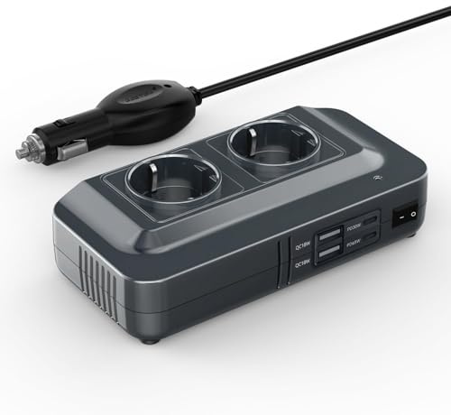 BESTEK 200W KFZ Spannungswandler 12V auf 230V Wechselrichter mit 2 Steckdosen und 4 USB KFZ Ladegerät inkl. Zigarettenanzünderstecker schwarz