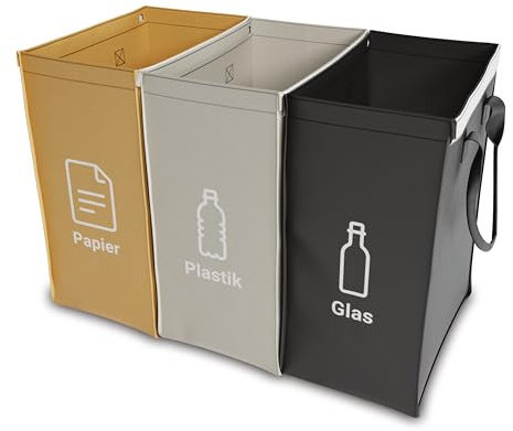 qikfresh 3er-Abfalltrennungssystem (Symbole + Text) | Recyclingbehälter für Glas, Papier und Kunststoff, 105 L Gesamtkapazität, Einfaches Entleeren, Ideal für Küche und Zuhause