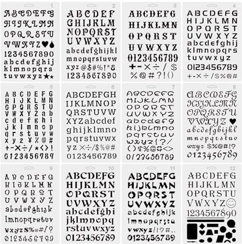 12 Stück Buchstabenzahl Zahlen Schablonen | Journalschablone, Alphabet Schablonen zum Malen Skizzieren, für Scrapbooking, Zeichnen, Holzverbrennung-17.8x26cm
