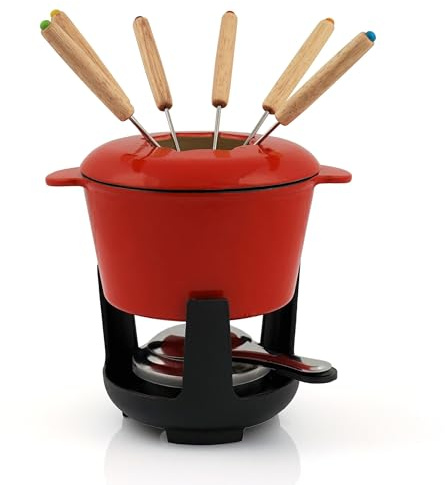 BBQ-Toro Gusseisen Fondue Set für 6 Personen | 1 Liter | Fondueset 13 teilig mit Brenner und Gabeln | Fondue-Set, Käsefondue Set, Fleischfondue Set, Schokofondue Set (rot/Creme emailliert)