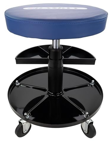 HASKYY Werkstatthocker Werkstattstuhl Arbeitshocker BLAU Stuhl Sitz mit 5 Rollen 2 Ablagen 410-540mm höhenverstellbar Werkstattsitz Rollhocker