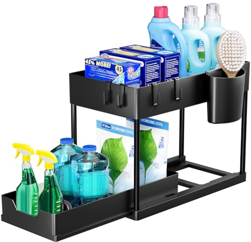 Puricon Unter Waschbecken Regal Spülschrank Organizer, 2 Etagen Standregal Küche Arbeitsplatte Regal Organizer, Mehrfunktional Küchenregal Gewürzregal Unterschrankregal Spülschrankregal -Schwarz