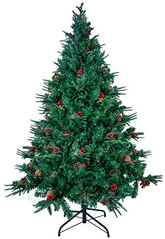 himaly Künstliche Weihnachtsbäume 210 cm mit 900 Spitzen PVC/PE Material Naturgetreue Christbaum, 60pcs Kiefernzapfen, 60pcs Roten Früchten, Ständer für Weihnachten Dekoration Mehrweg Grün Tannenbaum