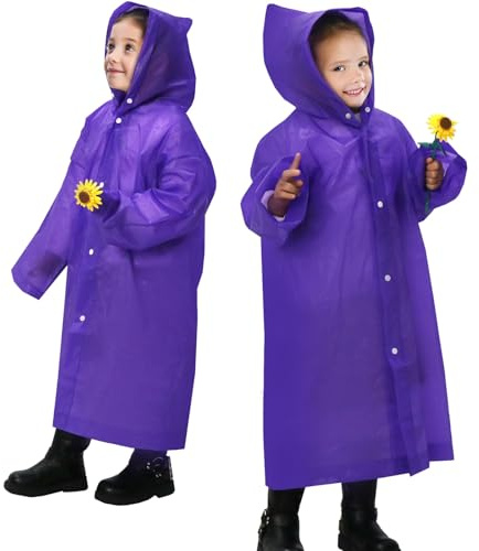 ANYOO Wasserdichte Regenponcho Regencape für Kinder, 2 Stück Regenmäntel Regenjacken mit Kapuze und Lang Ärmeln für Mädchen Jungen Größe 110–150 cm Wandern, Campen, Reisen, Lila