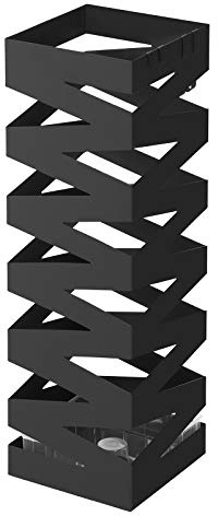 SONGMICS Regenschirmständer aus Metall, quadratisch, 15,5 x 15,5 x 49 cm | Schirmständer, 4 Haken und eine herausnehmbare Wasserauffangschale, schwarz, PATSY Kollektion LUC16B