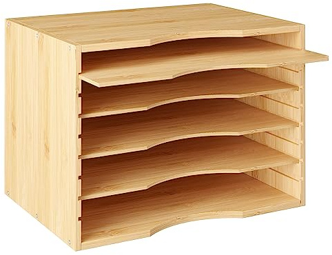 FOREHILL Dokumentenablage Bambus, Briefablage für A4, Büro organizer Natur | Dokumentenablage mit 4 variablen Einlegeböden, Ablagefächer stapelbar, Papierablage für Schreibtisch Organizer 35x25x25cm