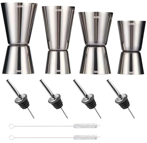 YQBFTC Cocktail Messbecher,4 Stück Edelstahl Barmaß 3cl/4cl/5cl/6cl Klein Jigger,Dual Gin cl Messbecher mit 4 Flaschenausgießern & 2 Pinseln für Party Wein Barmass Getränke Shaker und Cocktail Zubehör