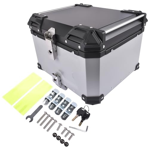 GLOSSY AUTO PARTS 55L Motorrad Topcase, wasserdichte Aluminium Hecktruhe mit Sicherheitsverschluss, Reflektionsaufkleber, Universal Tour Koffer zur Aufbewahrung von Helm und Gepäck, Silber