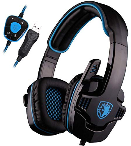 SADES SA901 7.1 Surround Sound Stereo Professionelle PC USB Gaming Headsets Stirnband Kopfhörer mit Mikrophon Tiefe Bässe Over-The-Ear-Lautstärkeregler für PC Gamers blau