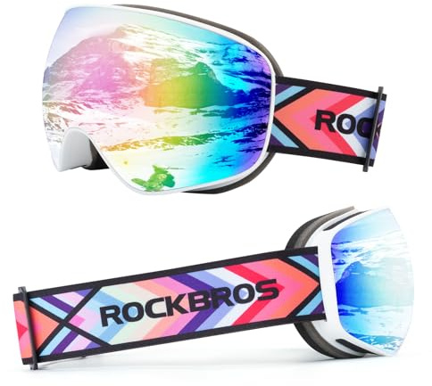 ROCKBROS Skibrille Snowboard Brille für Brillenträger UV-Schutz Goggle Helmkompatible Anti-Fog Brille Sportbrille für Skifahren Erwachsener Kind Windschutz Weiß Kind