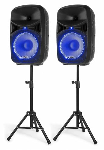 Vonyx VPS102A Partyboxen mit Stativen 600W Bluetooth 10 Zoll | LED, Mikrofon, USB, SD, MP3, mit Ständer, Echofunktion, Stereoboxen, Komplettset, Aktivboxen, Anfänger, Komplett, Speakers