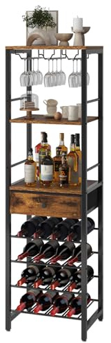 IBUYKE Weinregal, 4-Lagiges Freistehendes Weinregal Mit Glashalter Und Schublade, 16 Flaschenregal Countertop Weinregal Mit Tischplatte Ablage,Für Küche, Bar, Esszimmer, Vintagebraun TMJ905H