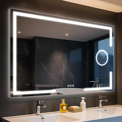 STARLEAD Badspiegel-mit-Beleuchtung 100x70cm, Badezimmerspiegel mit 5X Vergrößerungsspiegel-mit-Licht, 3 Lichtfarben, Einstellbare Helligkeit, Entfoggen, IP44 LED-Spiegel-Bad, HD Hartglas