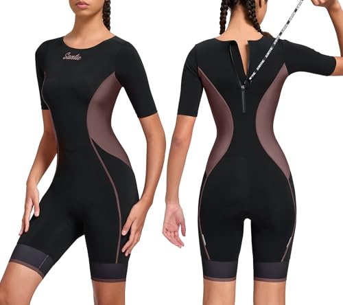 Santic Triathlon-Anzug für Damen, kurzärmelig, gepolstert, schnelltrocknend, zum Schwimmen, Radfahren, Laufen, Braun, S