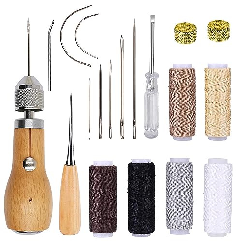 NICAVKIT Leder Nähset: Handwerk Werkzeuge mit Nähahle, Handnadeln, Wachsfadenrollen, Nadeln, Messingring, Spule und Greifer