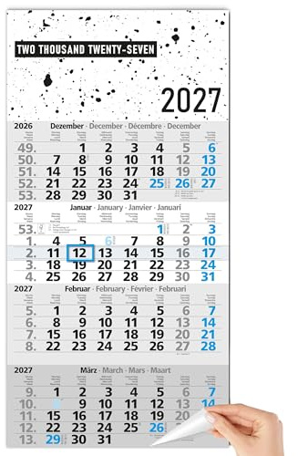 TOBJA® 4 Monatskalender 2027 Wandkalender Design - Splatter-Look mit blauem Datumsschieber, FSC-zertifiziert | 4-sprachig DE/EN/FR/NL | 30x59 cm | Für Büro, Vertrieb & Homeoffice