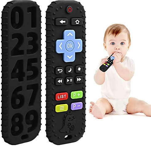 Zahnen Beißringe Spielzeug für Babys 3-6-12 Monate Geschenke, Fernbedienung Baby Zahnungshilfe für 7 8 9 Monate Kleinkind Autismus, Lebensmittelqualität Silikon Badespielzeug, Schwarz
