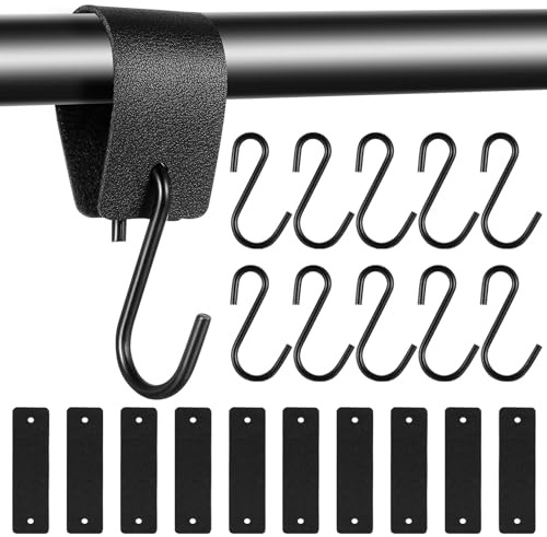 10 Set S Haken mit Lederschlaufe Schwarz, S Haken zum Einhängen mit Lederschlaufe, Metallhaken zum Einhängen, Keiderhaken für Stange, Kleiderstange, Garderobenhaken, Camping, Fleischerhaken