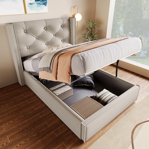 Kayan Hydraulisch Einzelbett Polsterbett 90x200cm, Bett mit Lattenrost aus Metallrahmen, Modernes Bettgestell mit Stauraum, Baumwolle (HellGrau, 90x200cm)
