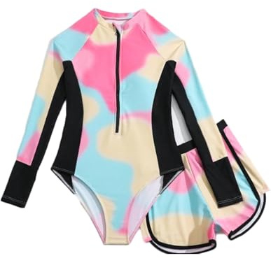 JiAmy Mädchen Badeanzug Zweiteiler Set, Langarm UV Schwimmshirt mit Badehose, Krawattenfärbung Sport Schwimmanzug für 12 Jahre, Rosa (Etikett:12Y)