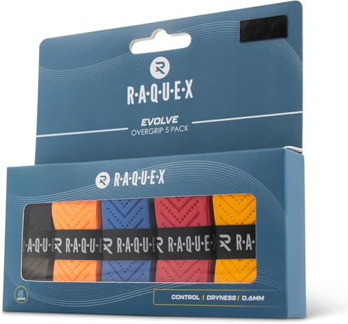 Raquex Evolve Griffband für Schläger (5er Pack) – Tennis, Badminton, Squash, Padel, Pickleball – Mehrfarbiges Griffband – Langlebig, Weich, rutschfest
