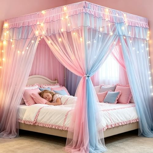 YOUYIKE Betthimmel Mädchen, 200x150x200cm Rosa Blau Zweifarbiger Moskitonetz mit LED Warmweiß Lichterkette, Vier Türen Himmelbett Vorhänge, Baldachin für Deko Zimmer Mädchen Bettvorhang