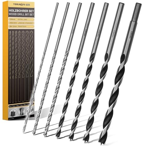 TOOLMAYS Holzbohrer Set 7tlg. HSS-G Bohrerset, Schlangenbohrer Ø 4mm, 5mm, 6mm, 7mm, 8mm, 10mm, 12mm x 230mm Lange Holzbohrer