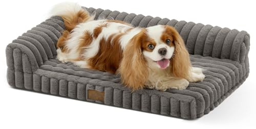 COZY KISS Orthopädisches Hundebett für Kleine & Mittelgroße Hunde, 76x51cm | Kunstfell Waschbarer Hundekorb mit Eierkarton-Schaum, Wasserdichte und Abnehmbarer Cordbezug Hundesofa, Rutschfest, M, Grau