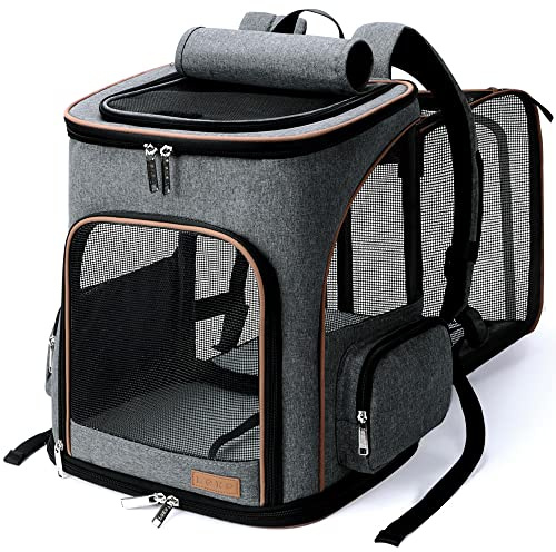 Lekesky Groß Katzenrucksack Hunderucksack für Katzen und Hunde bis 8-10kg, Erweiterbar Faltbare Haustier Rucksack mit Innerer Sicherheitsleine und 2 Haustiermatte, Grau, XL