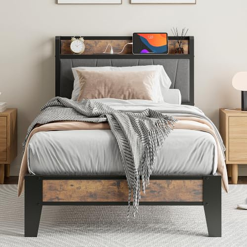IRONCK Bett 90x200 mit Ladestation (2 AC-Steckdosen, USB-A, USB-C), Bettgestell mit Gepolstertem Kopfteil & Stauraum, Einzelbett für Schlafzimmer, Stabiles Metallbett in Retro Grau