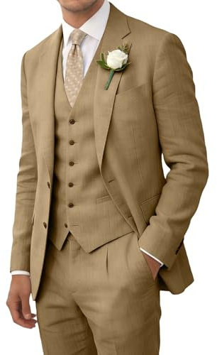 Wehilion Retro Linen Men Suit Beach Wedding Suit Summer Slim Fit 3 Pieces Light Weight Linen Suit Jacket Vest Pant Tuxedo