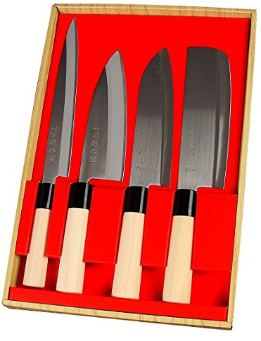 Japanisches 4er Messerset SekiRyu Sashimi, Deba, Santoku & Nakiri - SR1000. Klinge aus Rostfreiem Stahl