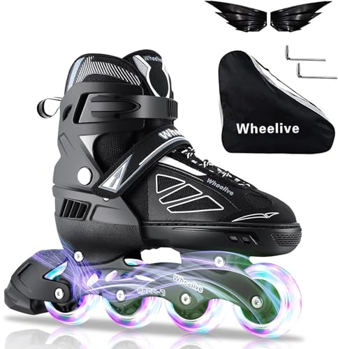 Wheelive Inline Skates für Kinder, Verstellbar Inliner für Jugendliche & Erwachsene in Versch, Rollschuhe Damen Atmungsaktive Freizeit Rollerblades Leucht Inline-Skates,Schwarz Weiß,L