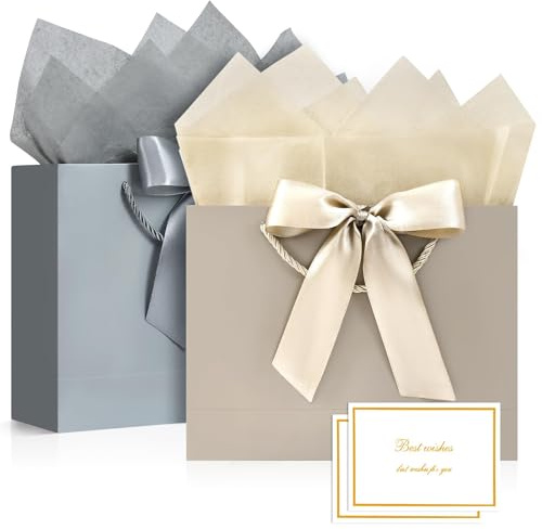BBLIKE Geschenktüten 2 Stück Papiertüten mit Schleifenbändern + 2 Grußkarten + 4 Taschentüchern, Geschenktaschen mit Henkel Partytüten Bodenbeutel Kreuzbodenbeutel für Geburtstag Hochzeit Feier Party