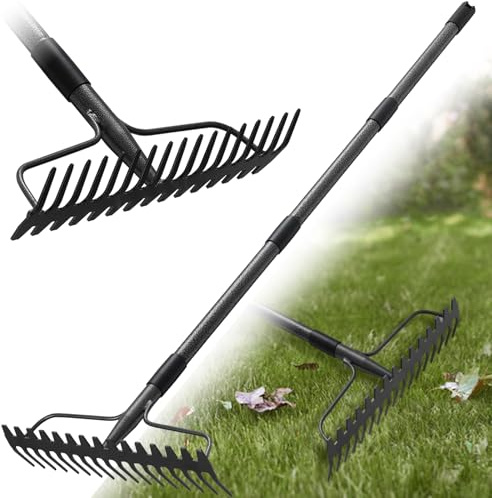 Gartenrechen 190 cm - Robuste Metall Gartenharke mit Stiel und 17 Zinken für Rasen, Laub & Boden | Rasenharke zur Lockerung, Nivellierung & Unkrautentfernung | Langlebige Hof Strohharke