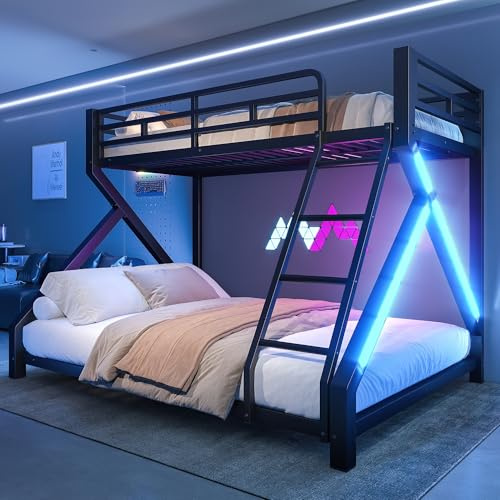 NovaFurnish 90 x 200 cm, 140 x 200 cm Etagenbett, Eisenrahmen, Kinderbett, mit LED-Lichtleiste, Sicherheitsgeländer, Leiter, ohne Matratze, Schwarz