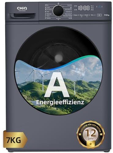 CHiQ Waschmaschine 7kg, InverterMotor, EEK A| 60x46,5x84cm, Große Tür| Eco, Speed Wash, Auto Clean, Kindersicherung|1200 U/Min, Washer Grau, CW07123863AX