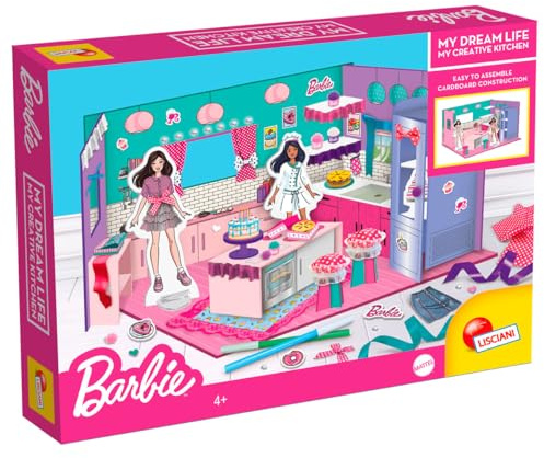 Lisciani - Barbie Creative Kitchen - BAU- und Dekorationsset ab 4 Jahren | Kreativset - Küche aus Karton, Sticker, 2 Barbie-Figuren und Zubehör - Zusammenbauen, einrichten - Fördert Feinmotorik