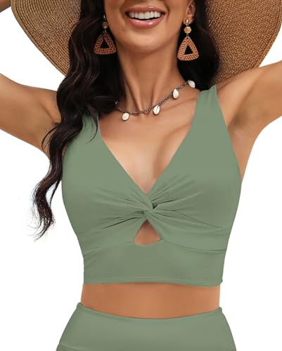 Vetinee Damen Bikini Oberteil Tankini Top Verstellbar Padded Knoten Twist Bademode Bikini Top