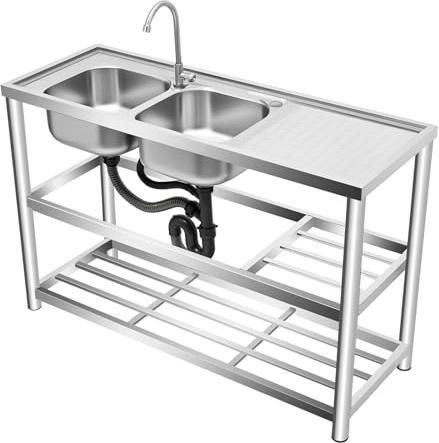 BJTDLLX Edelstahl Spüle mit unterschrank Küchenspüle Doppelbecken Deluxe Spültisch, 120x45x80cm Freistehende Spülbecken Gewerbliche mit Abflusseinheit & Wasserhahn, Komplettes Set
