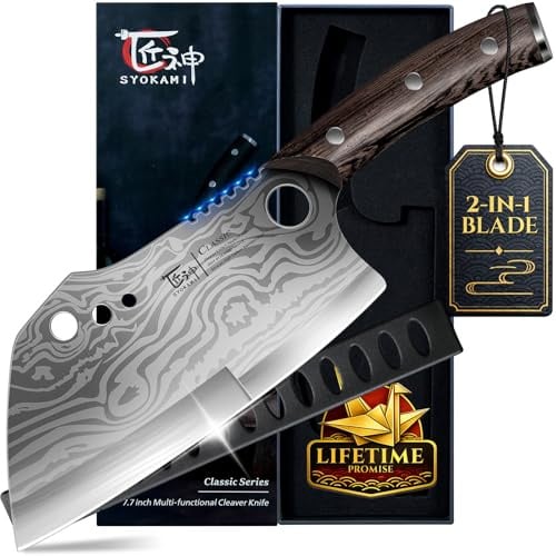SYOKAMI Fleischermesser mit Scheide, 19,5 cm Damastmuster Hackmesser, Küchenmesser mit Ergonomischem Durchgehender Holzgriff für Haus, Küche oder Geschenk