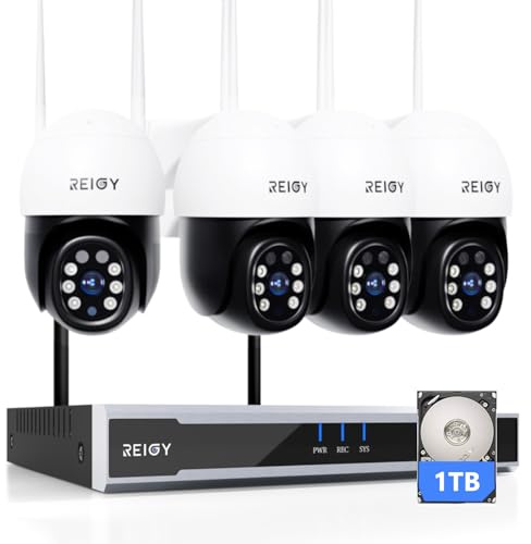 REIGY 5MP WLAN Überwachungskamera Set Aussen mit PT Kamera, Funk NVR Überwachungssystem, Outdoor Camera Kit Drahtlos mit Zwei-Wege-Audio Bewegungserkennung Farbige Nachtsicht
