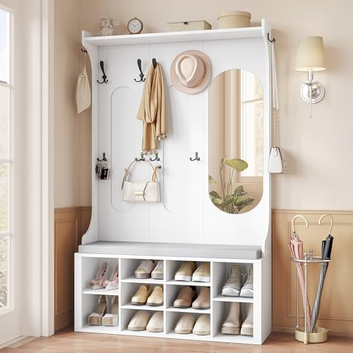 Hzuaneri Garderobenständer mit Schuhbank, Garderobe mit Spiegel, Weiß | Schuhaufbewahrung, 10 Haken, Verstellbare Regalböden, Freistehend, für Eingangsbereich, Flur, 35,5 x 100 x 185 cm, HT23503X