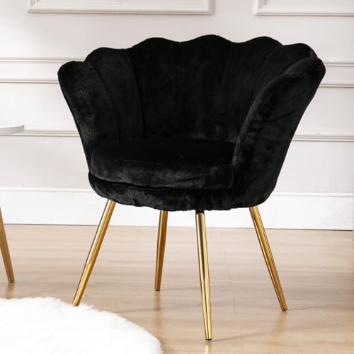 chairus Schminktisch Stuhl, Muschel Sessel aus Teddystoff Armlehnstuhl Loungesessel mit goldenen Beinen Armlehnensessel für Wohnzimmer,Schwarz