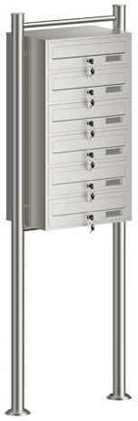 Wiltec 6er Briefkastenanlage Edelstahl 556 x 270 x 1500 mm, Standbriefkasten mit 6 Fächern, Schlüssel und Namensschild, Briefkasten Postkasten mit Ständer