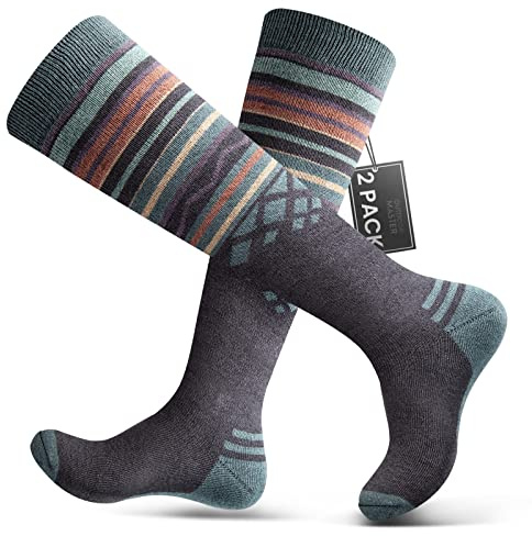 OutdoorMaster 2 Paar Unisex Merinowolle Skisocken für Damen & Herren, Winter Snowboarding Atmungsaktive thermische Socken für Outdoor-Sportarten mit Über die Wade Design/Anti-Rutsch-Bündchen